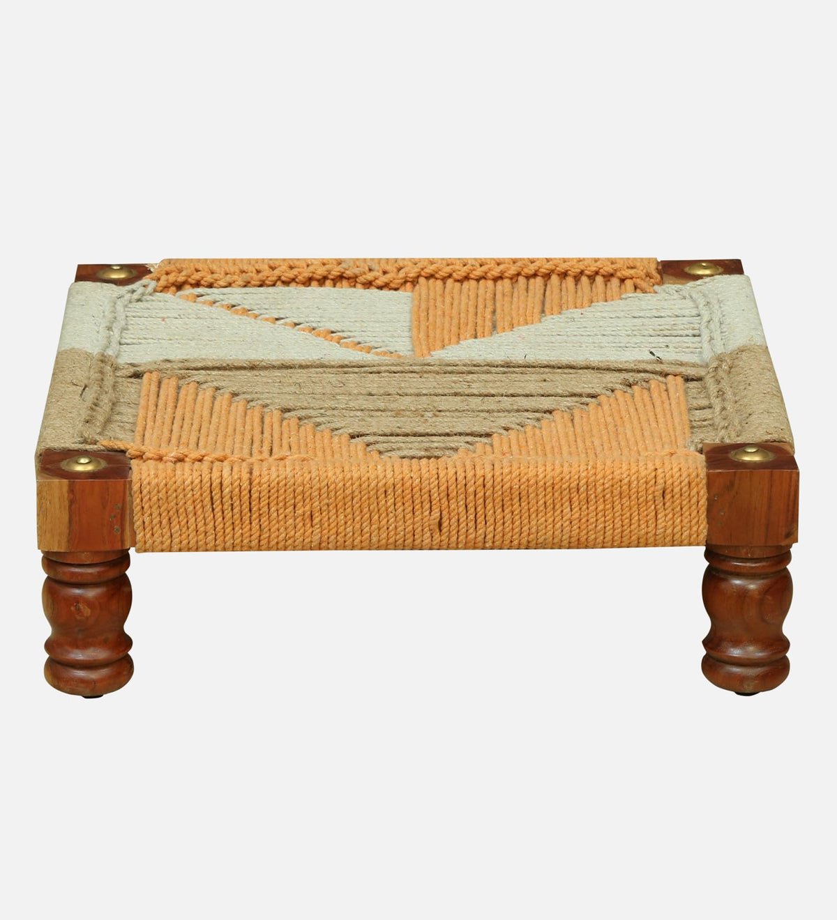 WOOD CURLS handwoven wooden chowki with geometric rope pattern in natural and peach tones for seating or puja.