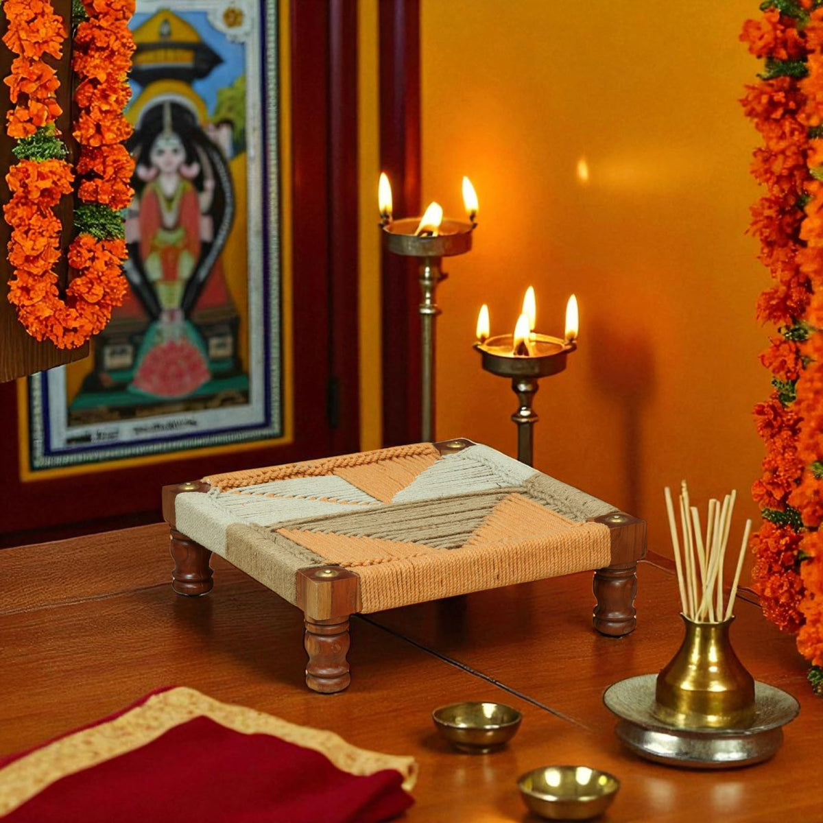 WOOD CURLS handwoven wooden chowki with geometric rope pattern in natural and peach tones for puja or footrest