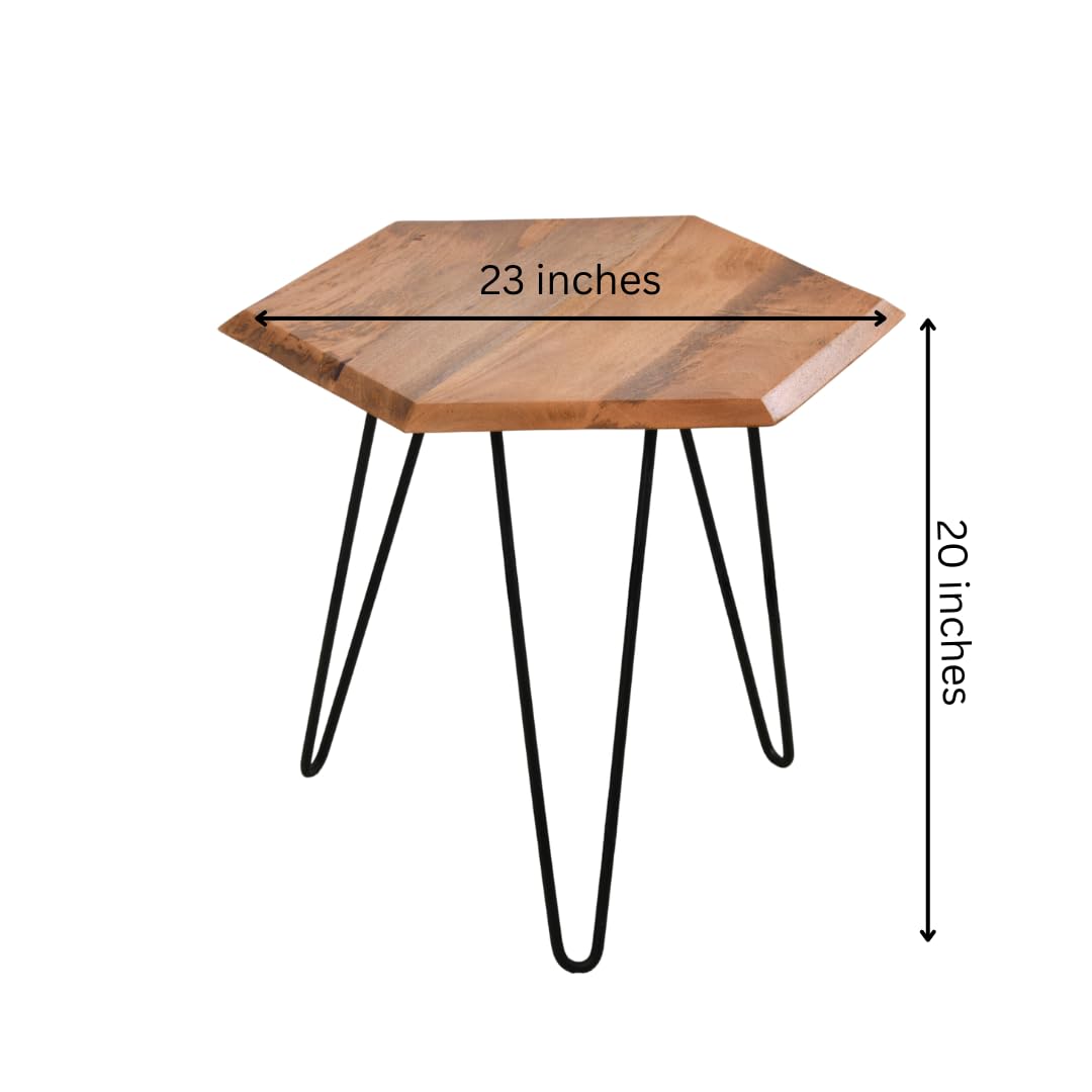 WOOD CURLS Vivo hexagon side table made of solid mango wood with black iron hairpin legs and dimensions shown.