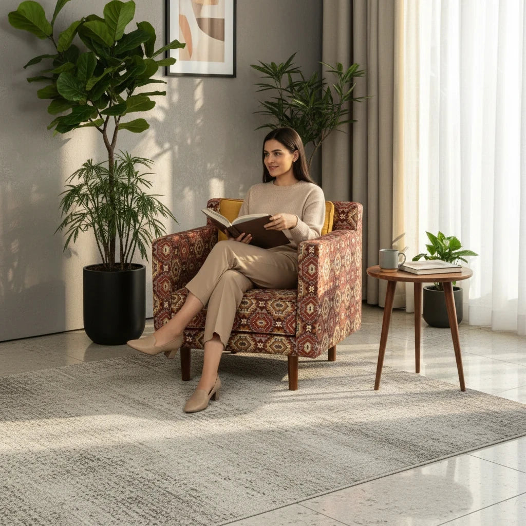 Woman reading in a WOOD CURLS Ikat fabric accent armchair with geometric patterns and wooden legs in a bright room.