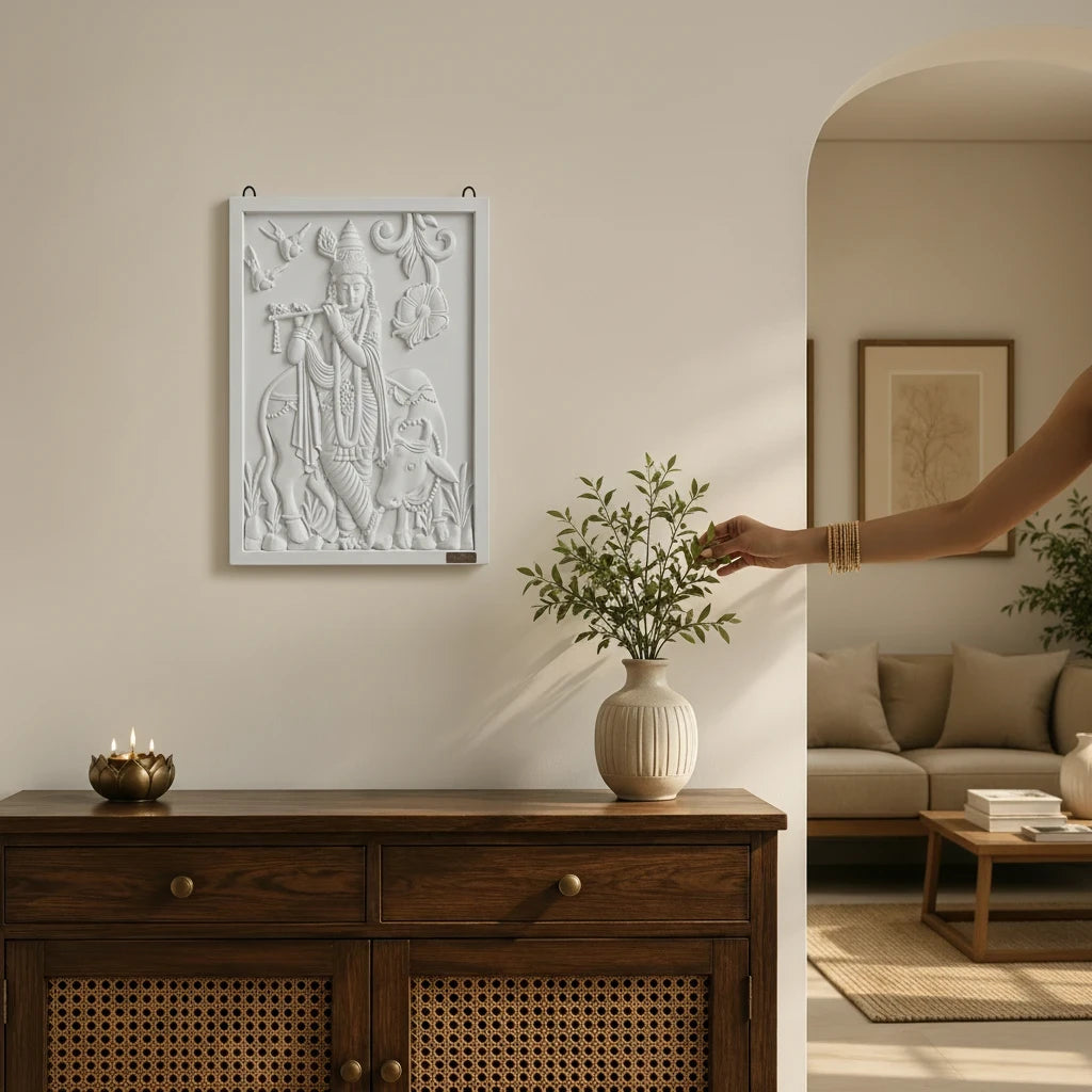 WOOD CURLS white 3D Krishna wall art panel featuring a flute-playing Krishna and cow, mounted in a serene living room.