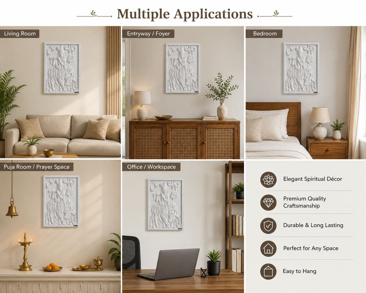 WOOD CURLS 3D Krishna wall art panel featuring raised-relief flute and cow design displayed in various home interiors.