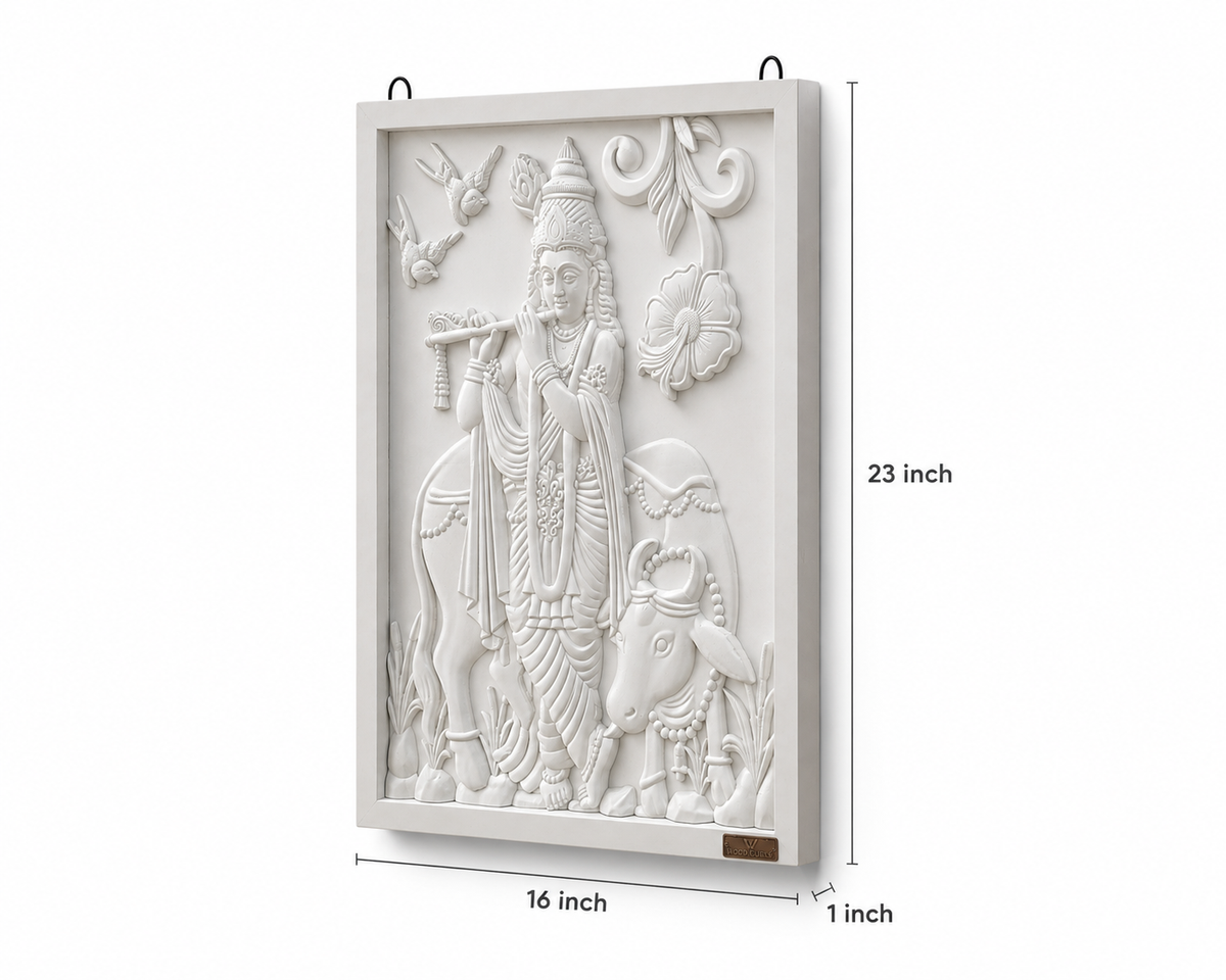 WOOD CURLS 3D Krishna wall art panel featuring a raised-relief design of Krishna playing the flute with a sacred cow.