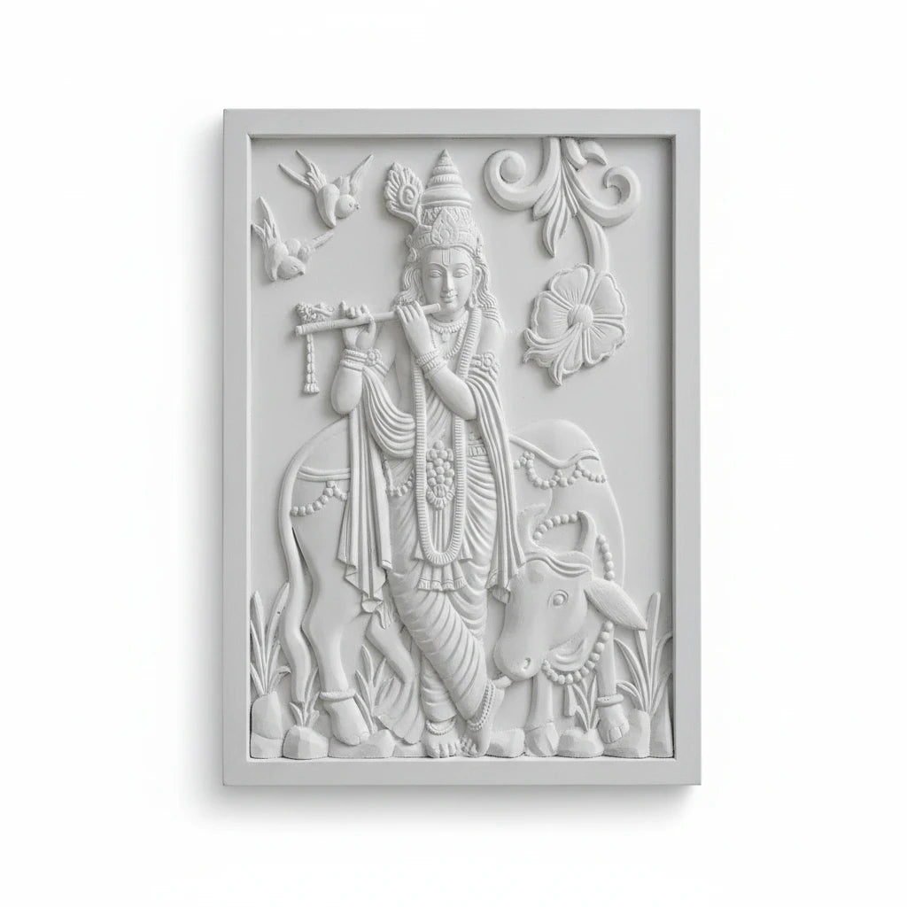 WOOD CURLS 3D Krishna wall art featuring a white raised-relief panel of Krishna playing the flute with a sacred cow.