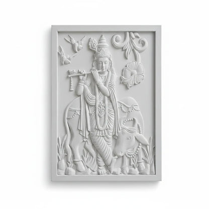 WOOD CURLS 3D Krishna wall art featuring a white raised-relief panel of Krishna playing the flute with a sacred cow.