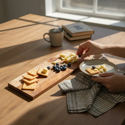 WOOD CURLS long acacia wood charcuterie board with cheese and blueberries on a wooden table with a person serving.