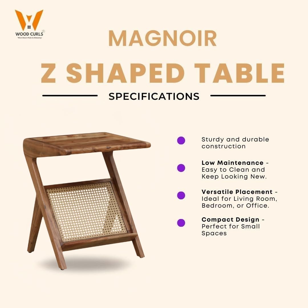 WOOD CURLS Magnoir Z-shaped solid wood side table with a natural finish and integrated rattan storage rack.