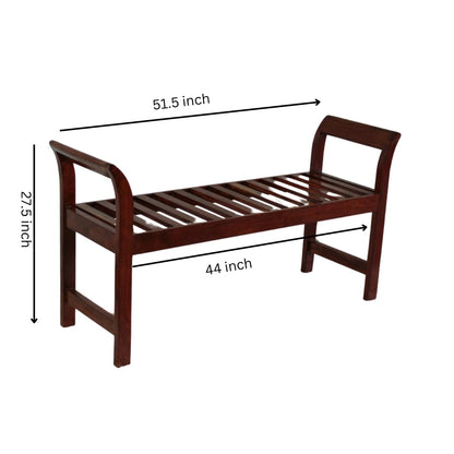 WOOD CURLS solid wood bench with a mahogany finish, slatted seat, and armrests, shown with dimension labels.