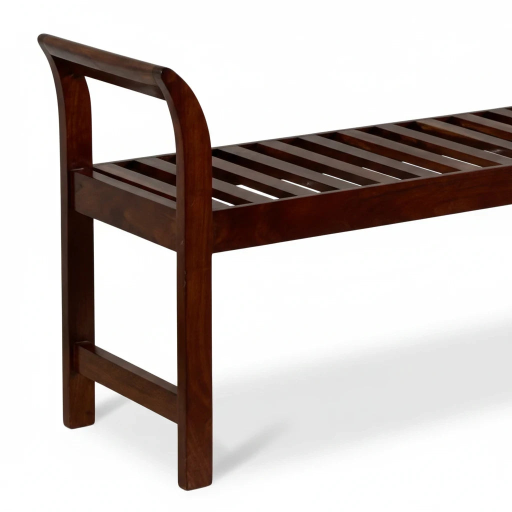 WOOD CURLS solid wood bench with a mahogany finish, featuring a comfortable armrest and a slatted seat design.