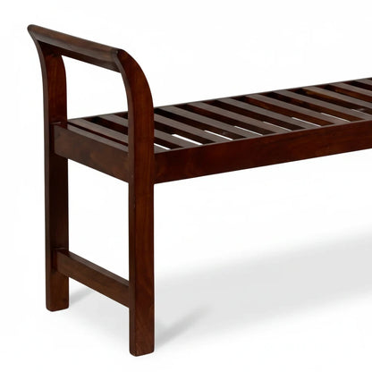 WOOD CURLS solid wood bench with a mahogany finish, featuring a comfortable armrest and a slatted seat design.