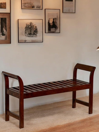 wooden bench with arms solid wood
entryway wooden bench with armrest
slatted wooden bench seating
wooden hallway bench India