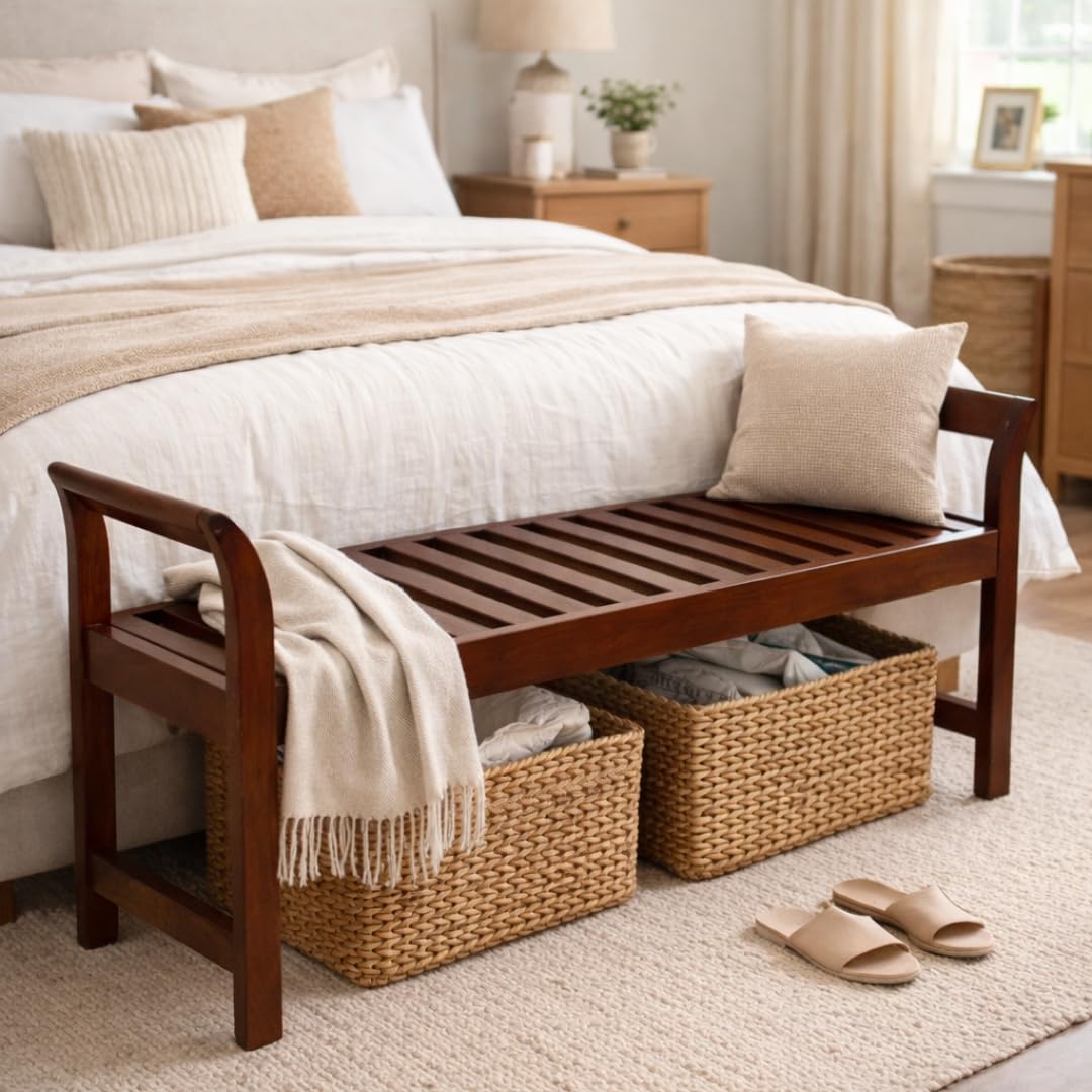 wooden bench with arms solid wood
entryway wooden bench with armrest
slatted wooden bench seating
wooden hallway bench India