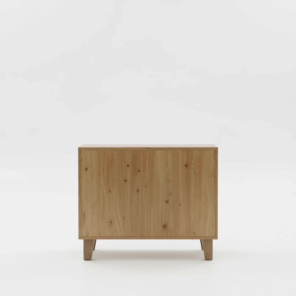 WOOD CURLS mango wood cabinet back view showing natural wood grain finish and sturdy wooden legs