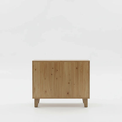 WOOD CURLS mango wood cabinet back view showing natural wood grain finish and sturdy wooden legs