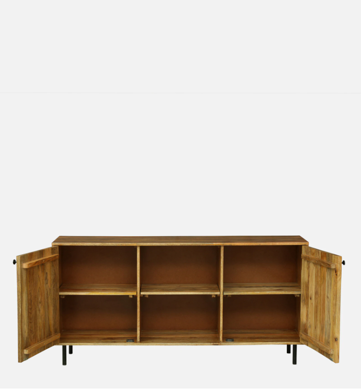 WOOD CURLS handcrafted mango wood cabinet with open doors showing interior shelving and natural wood grain finish