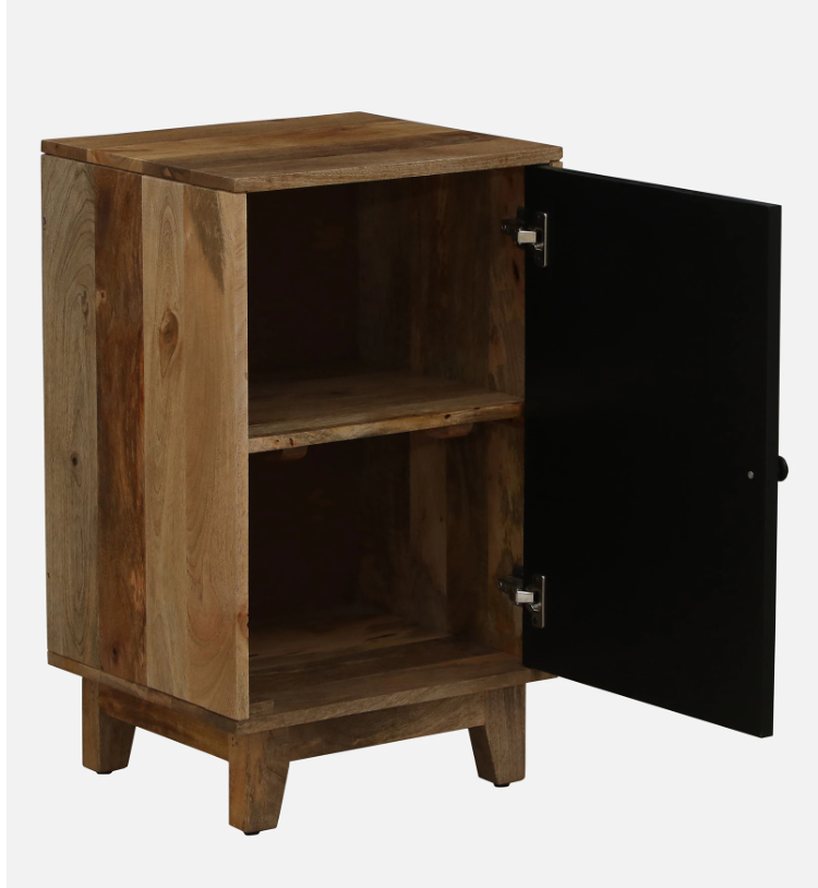 WOOD CURLS Nayika mango wood one-door cabinet with natural finish and open interior shelving
