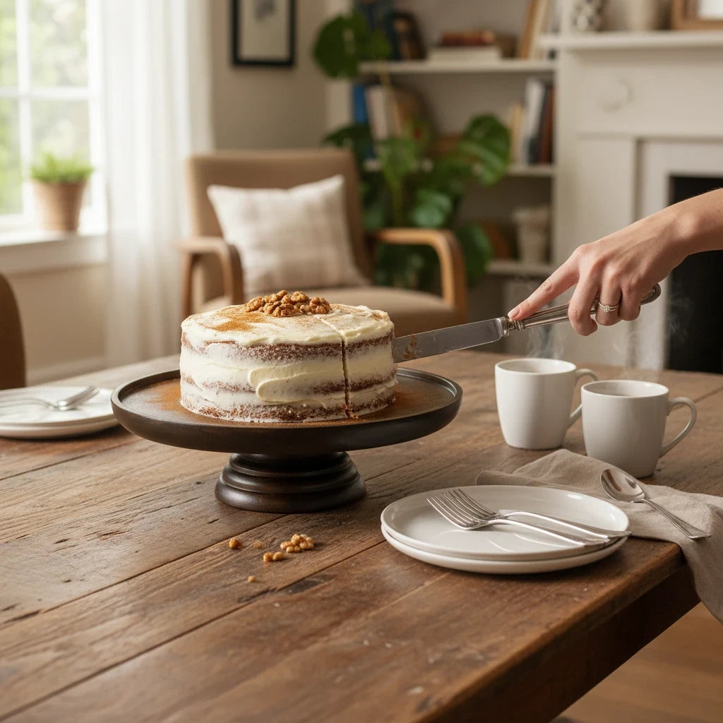 WOOD CURLS round mango wood pedestal cake stand with a walnut finish holding a frosted cake on a rustic dining table