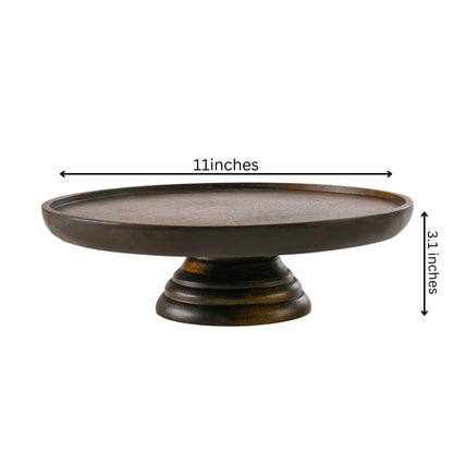 WOOD CURLS round mango wood pedestal cake stand with a dark walnut finish for displaying desserts and table decor.