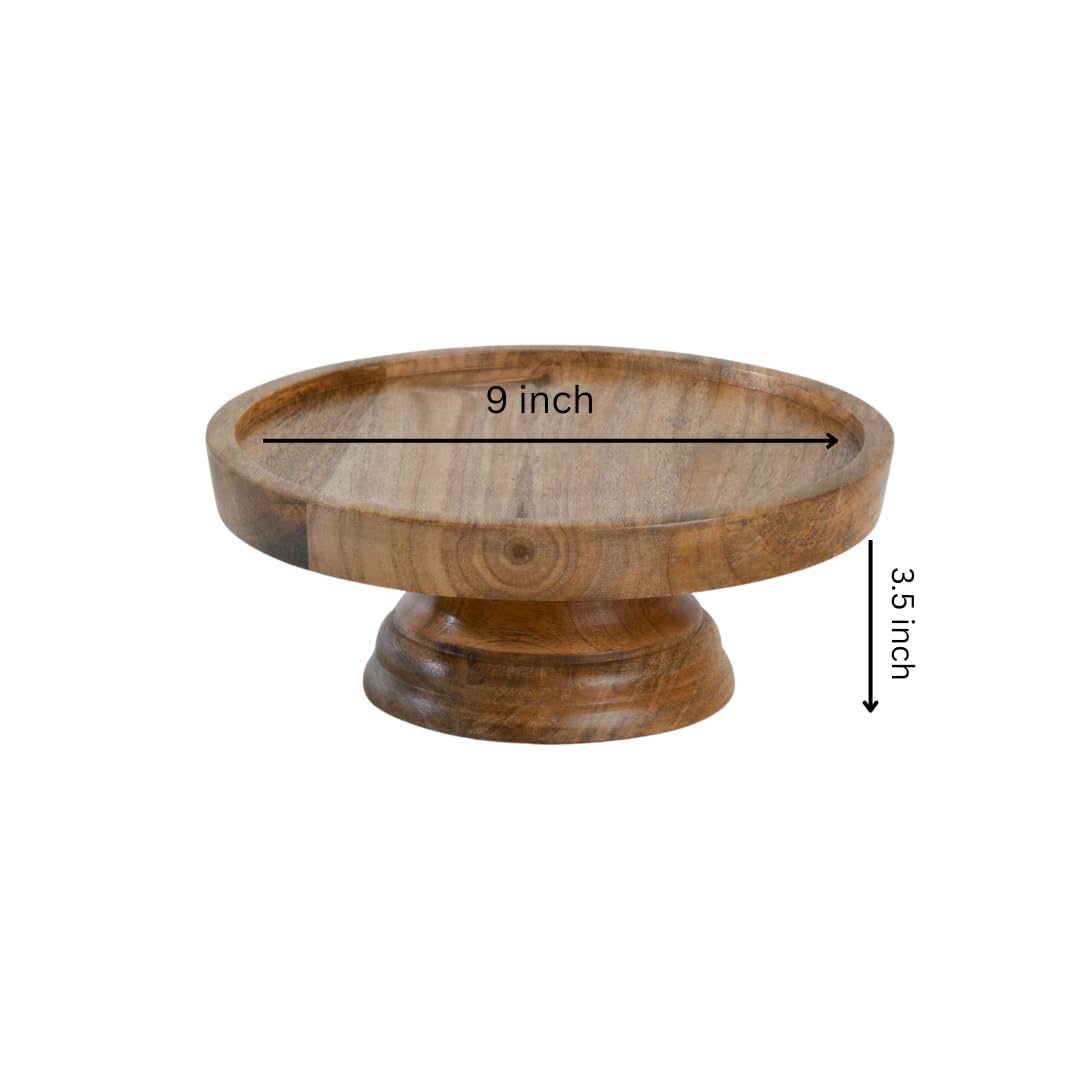 WOOD CURLS 23 cm round mango wood pedestal cake stand with a natural grain finish for dessert display
