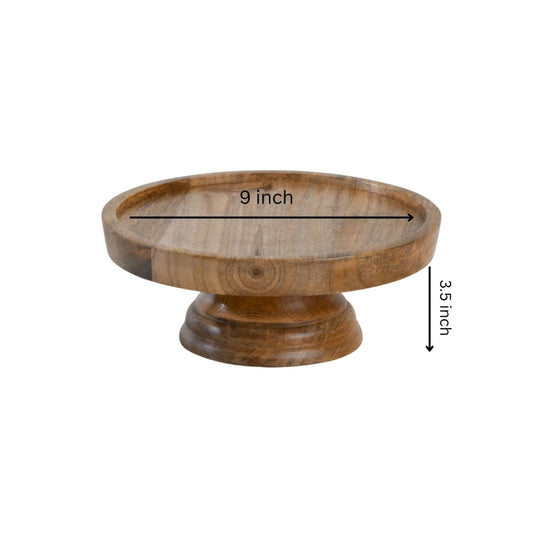 WOOD CURLS 23 cm round mango wood pedestal cake stand with a natural grain finish for dessert display