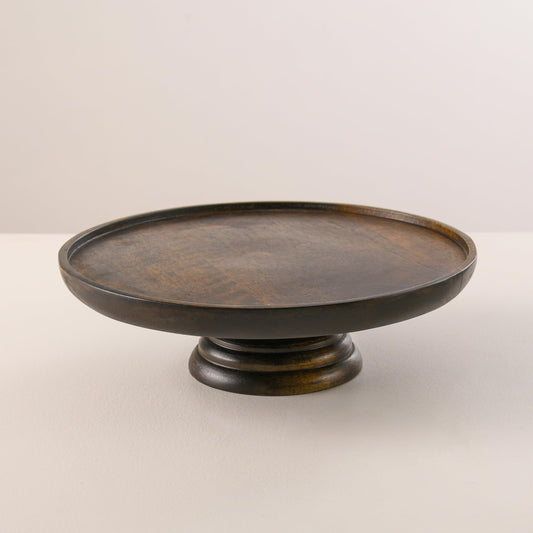 WOOD CURLS round mango wood pedestal cake stand with a rich walnut finish for elegant dessert display.