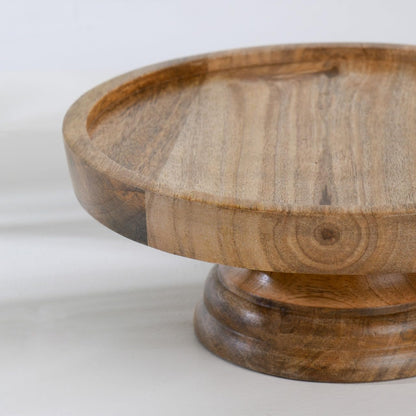 WOOD CURLS 23 cm round mango wood pedestal cake stand with natural wood grain finish for dessert display