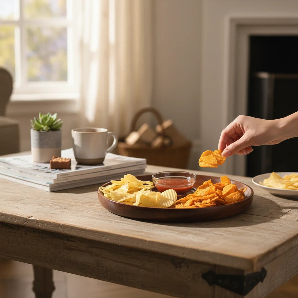 WOOD CURLS handcrafted round mango wood chip and dip platter with snacks on a rustic wooden table