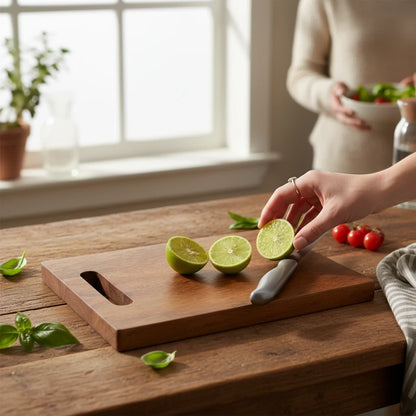 WOOD CURLS rectangular mango wood chopping board with a handle, featuring sliced limes on a rustic kitchen table.
