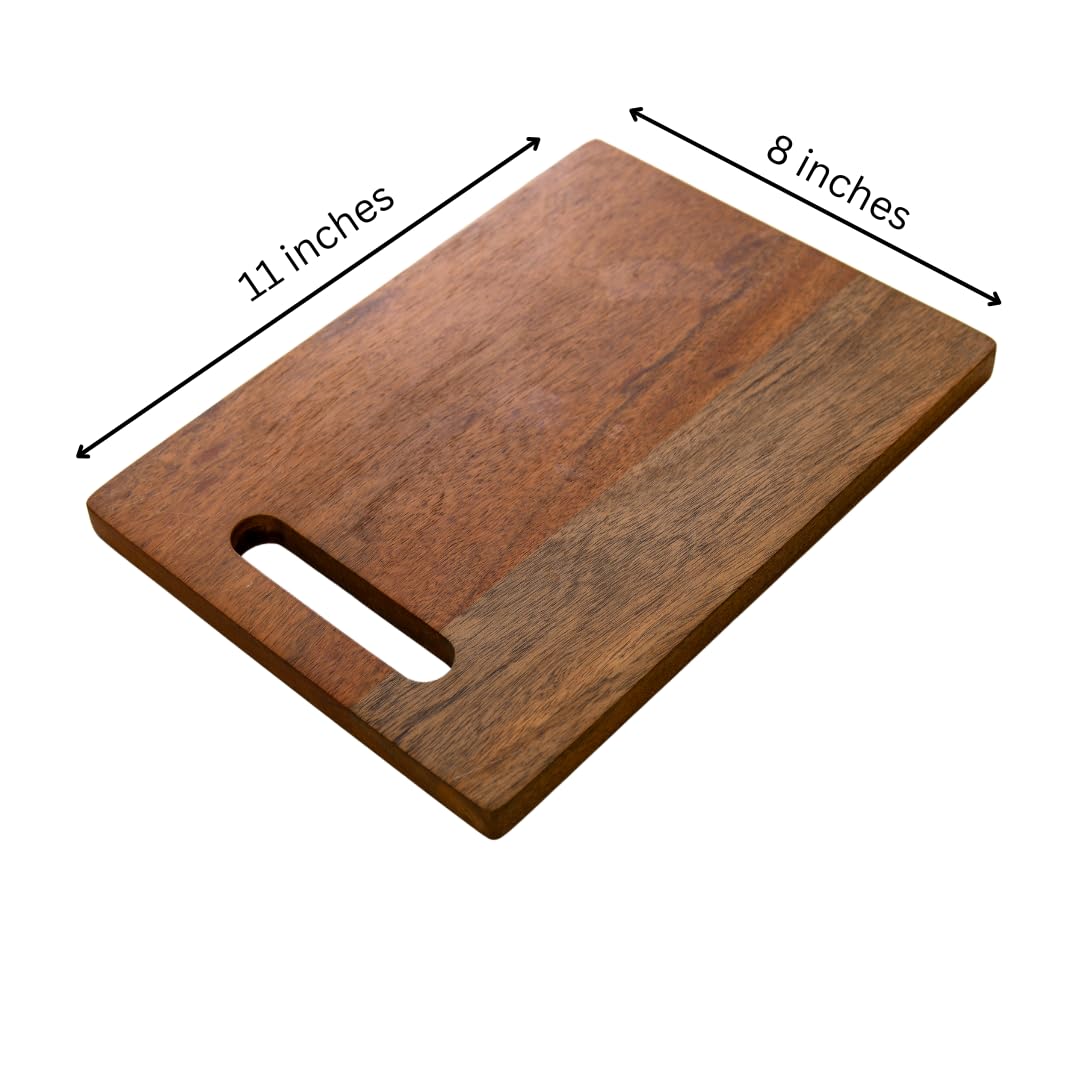WOOD CURLS rectangular mango wood chopping board with a built-in handle, 11 by 8 inches, natural wood grain finish.