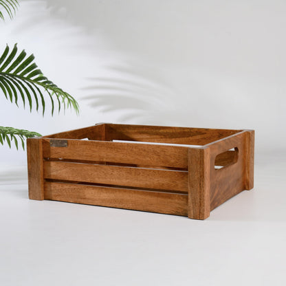 WOOD CURLS handcrafted mango wood crate box with natural grain patterns for kitchen and home storage.