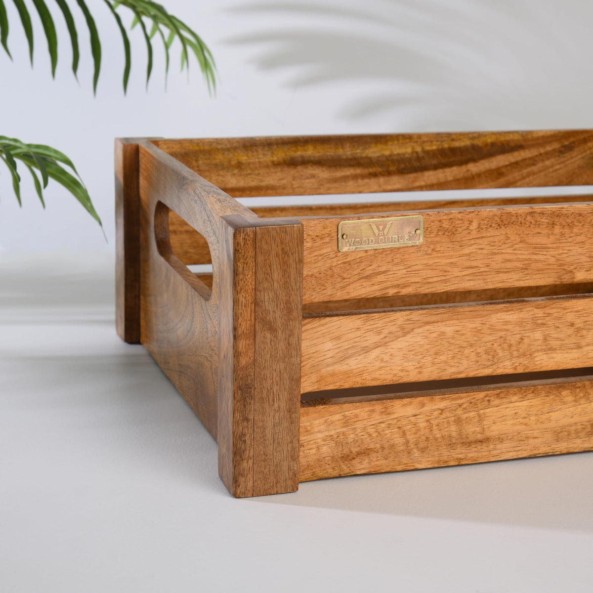 WOOD CURLS handcrafted mango wood crate with natural grain finish and side handles for home and kitchen storage