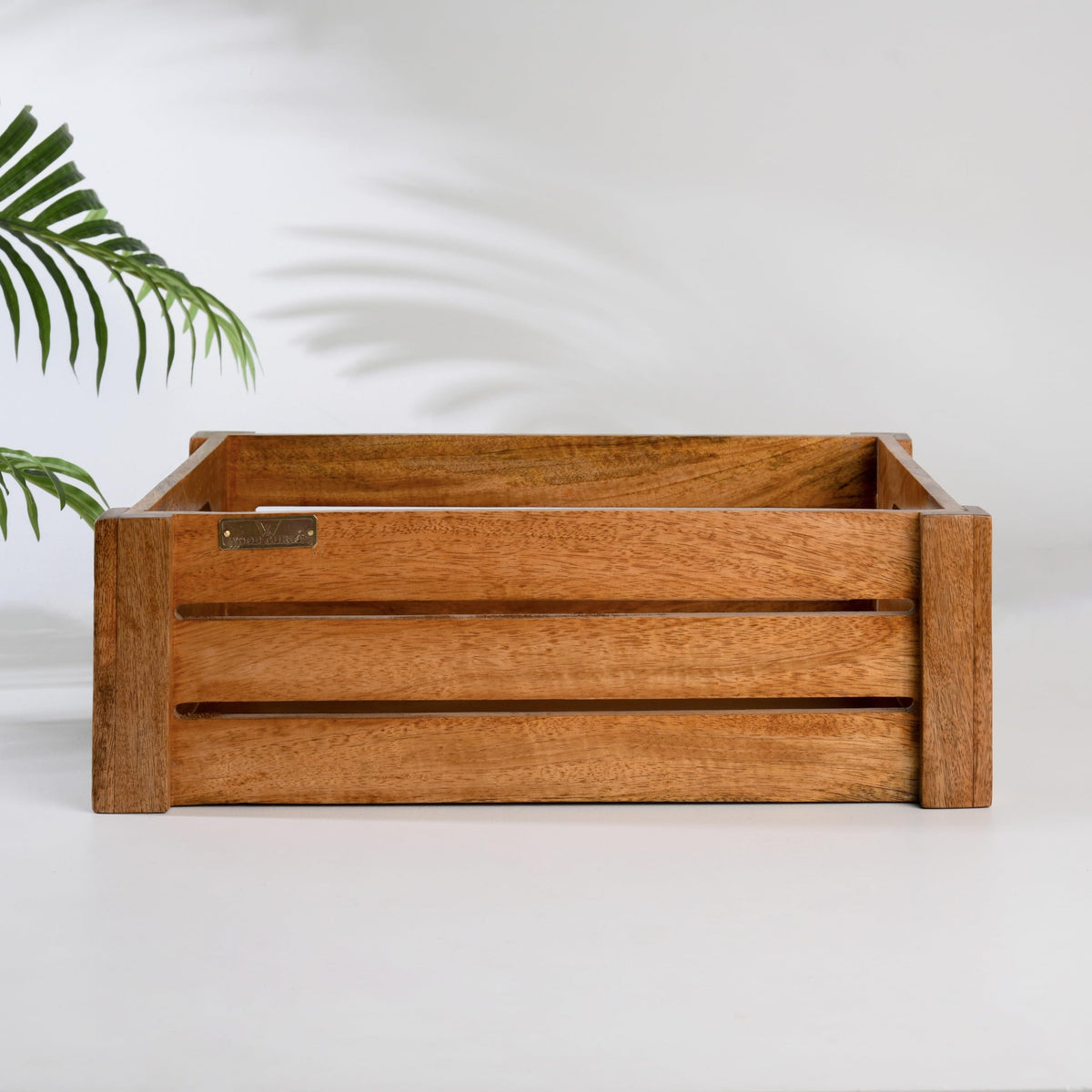 WOOD CURLS handcrafted solid mango wood crate box with a natural finish and visible grain patterns for home storage.