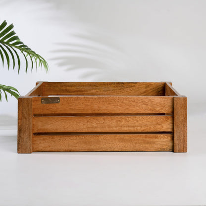 WOOD CURLS handcrafted solid mango wood crate box with a natural finish and visible grain patterns for home storage.
