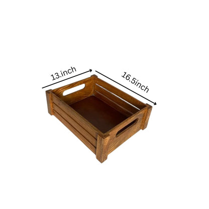WOOD CURLS handcrafted mango wood crate box with natural grain finish and cutout handles for kitchen or home storage.