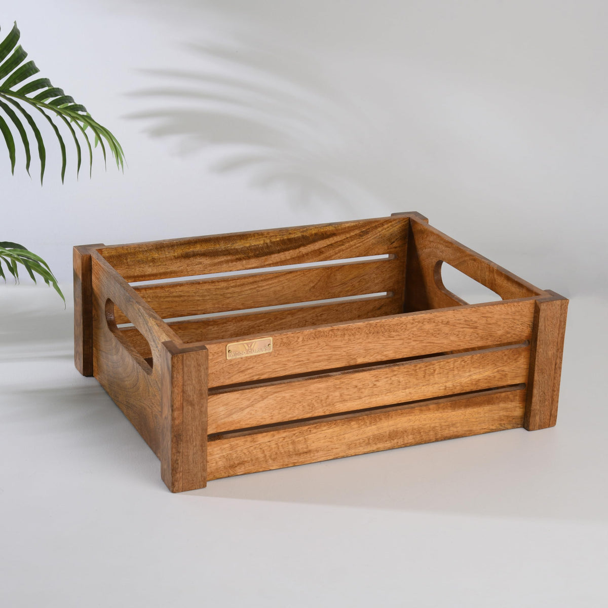 WOOD CURLS handcrafted mango wood crate box with natural grain finish and side handles for home and kitchen storage