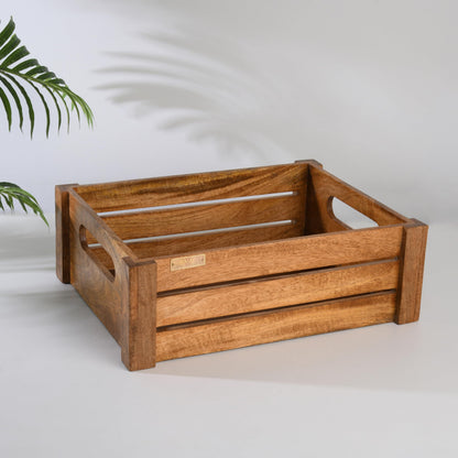WOOD CURLS handcrafted mango wood crate box with natural grain finish and side handles for home and kitchen storage