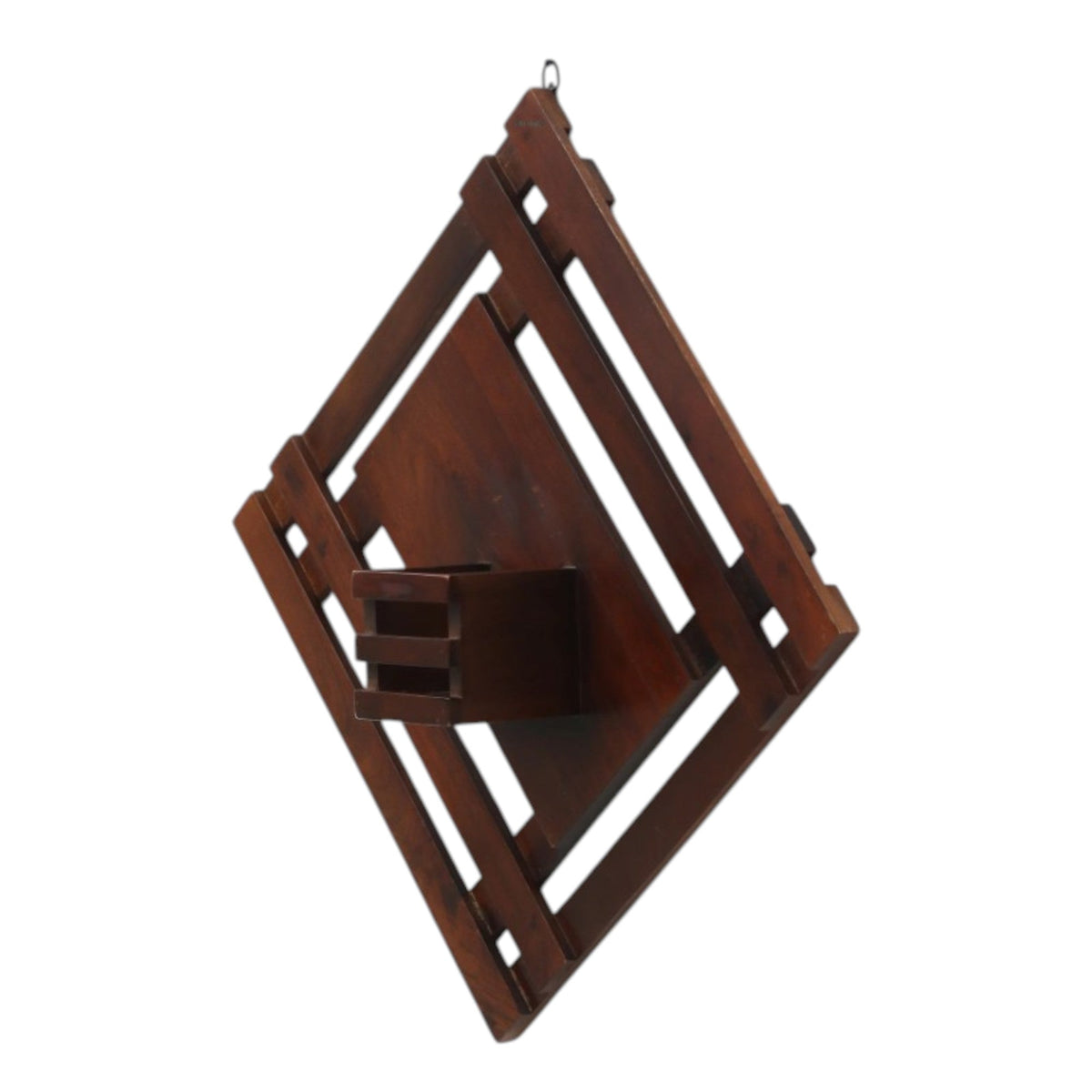 WOOD CURLS diamond-shaped mango wood wall shelf with a central display box for home decor and storage.