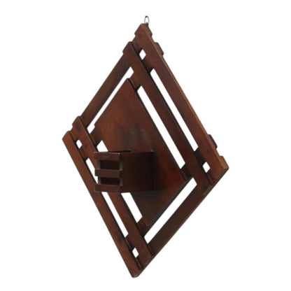 WOOD CURLS diamond-shaped mango wood wall shelf with a central display box for home decor and storage.