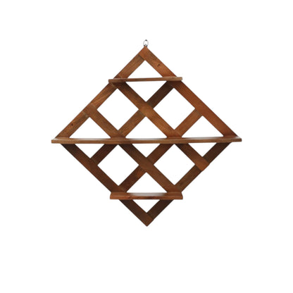 WOOD CURLS diamond-shaped wall shelf made of natural mango wood with a geometric criss-cross design for home decor.