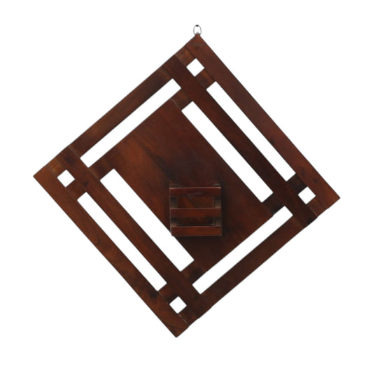 WOOD CURLS diamond-shaped mango wood wall shelf with a central display box and geometric frame design.