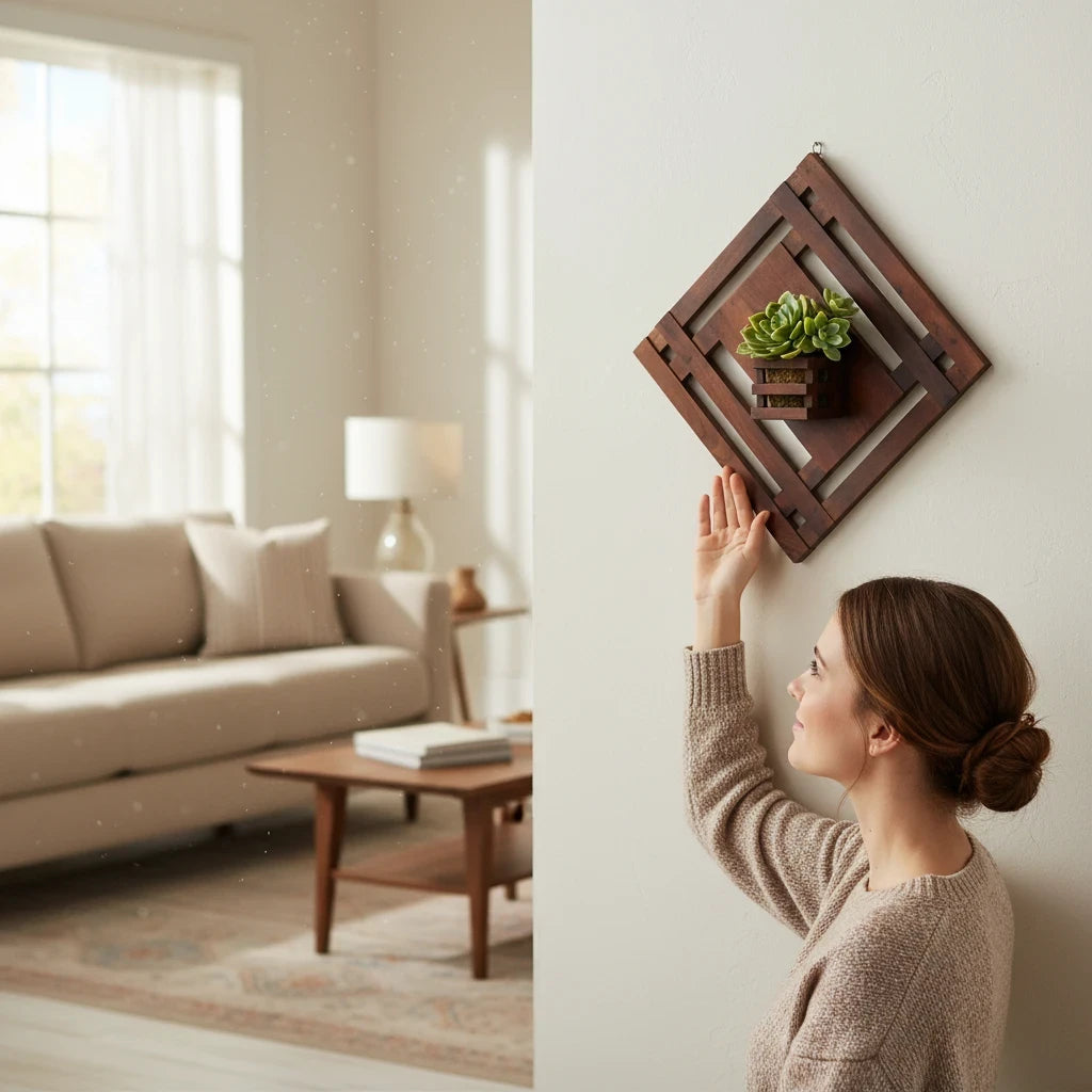 WOOD CURLS mango wood wall shelf in a diamond shape with a small succulent, mounted on a white wall in a living room.