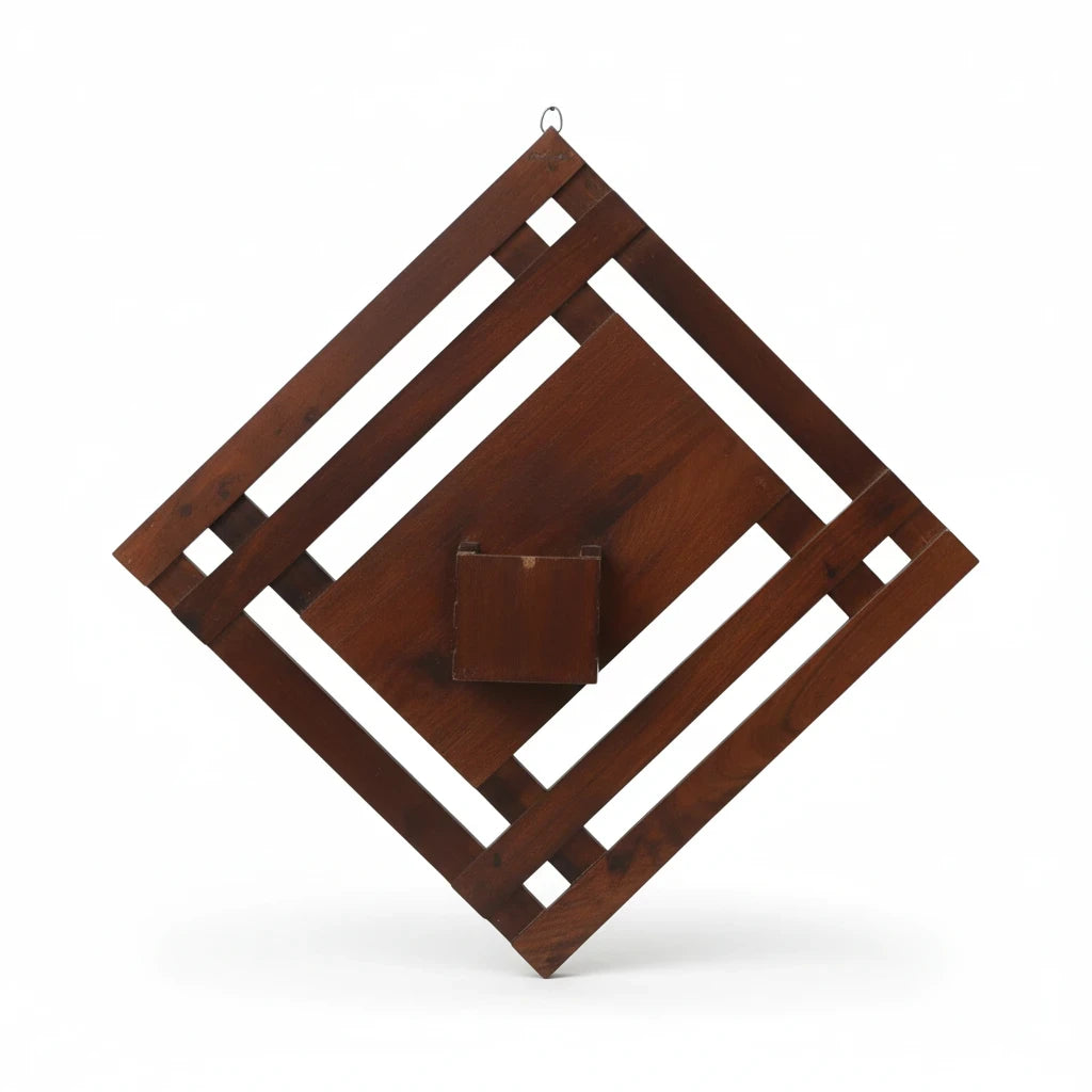 WOOD CURLS diamond-shaped mango wood wall shelf with a central display box and natural dark wood grain finish.