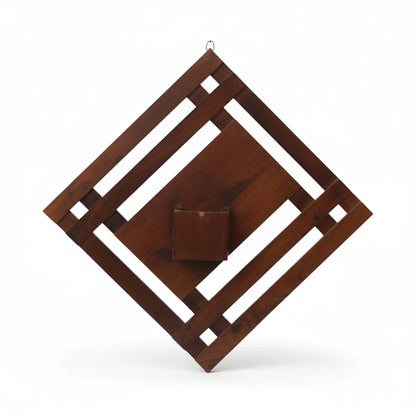 WOOD CURLS diamond-shaped mango wood wall shelf with a central display box and natural dark wood grain finish.
