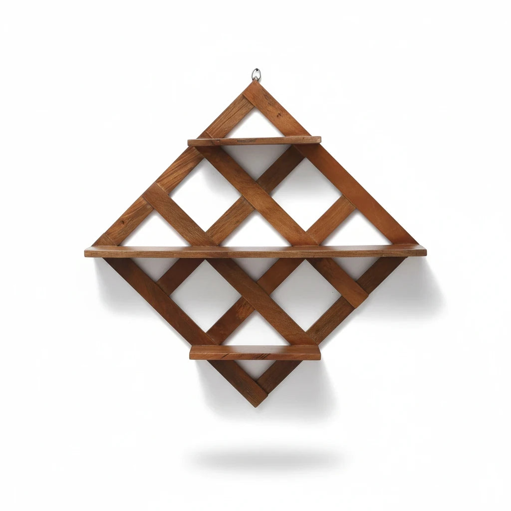 WOOD CURLS diamond-shaped wall shelf made of natural mango wood with a geometric criss-cross design for home decor