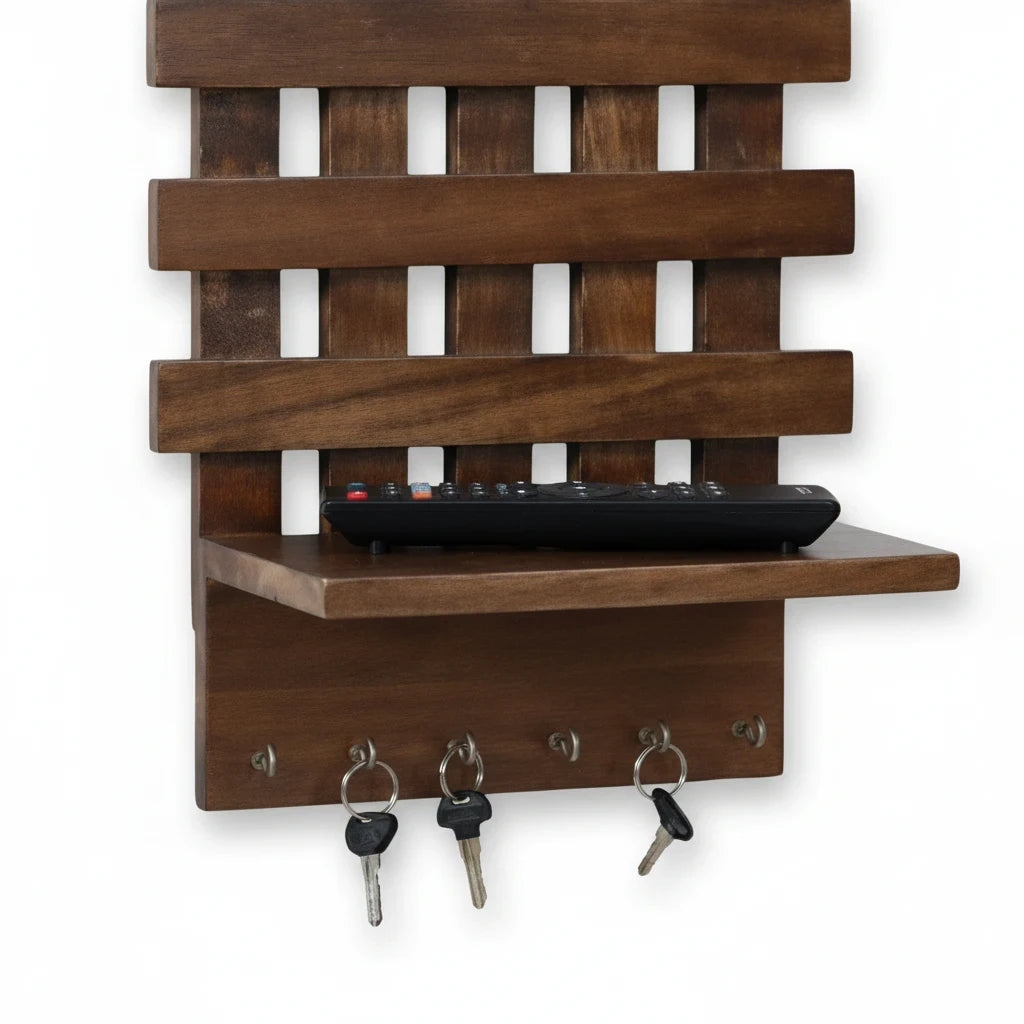 WOOD CURLS rustic brown mango wood wall-mounted key holder with six hooks and a small shelf for accessories