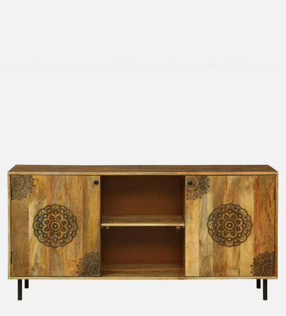 WOOD CURLS handcrafted mango wood cabinet with intricate mandala carvings on doors and open center shelving.
