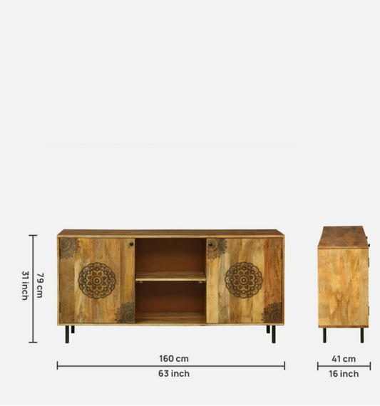 WOOD CURLS handcrafted mango wood cabinet featuring intricate mandala carvings on doors with dimensions displayed.