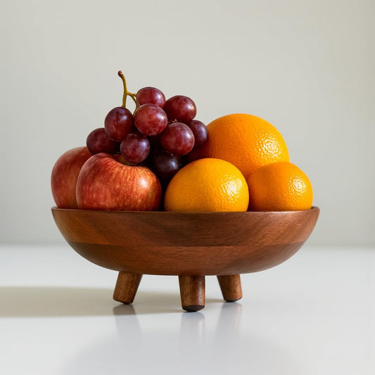 WOOD CURLS handcrafted mango wood pedestal bowl filled with fresh grapes, apples, and oranges on a white surface