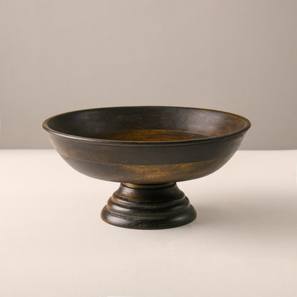 WOOD CURLS handcrafted mango wood pedestal bowl with a natural walnut finish, perfect for fruit or table decor.