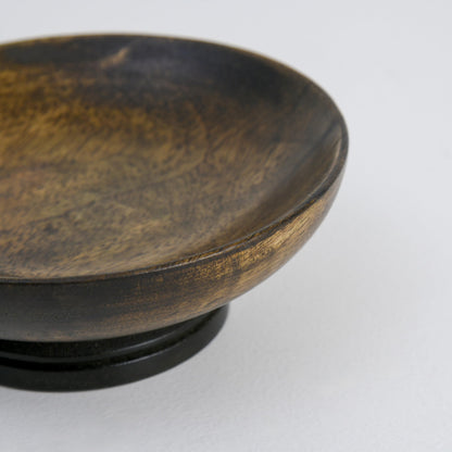 WOOD CURLS small round mango wood pedestal bowl in a dark walnut finish for table décor and fruit display